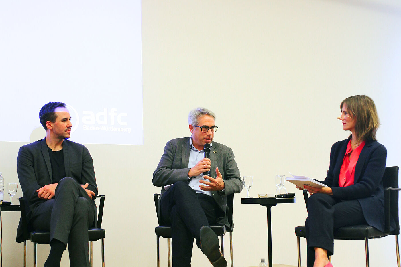 Podiumsdiskussion: Alexander Rosenthal (Zukunft Fahrrad), Matthias Zimmermann (ADFC BW) & Juliane Langer (Moderation)