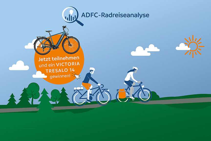 ADFC-Radreisenanalyse Großbild mit Störer Grafik zur ADFC-Radreisenanalyse, zwei Personen fahren Rad, ein Kreis mit Info, dass man ein Fahrrad gewinnen kann